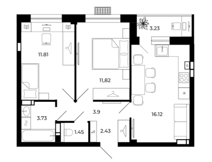 2-к. квартира, 54&nbsp;м²