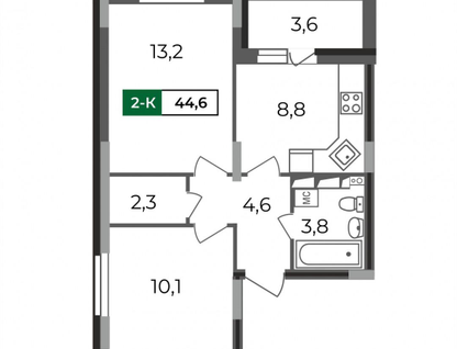 2-к. квартира, 44,6&nbsp;м²