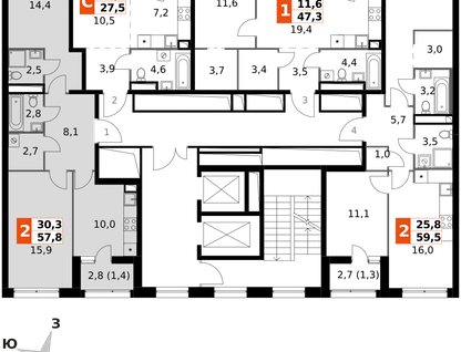 2-к. квартира, 57 м²