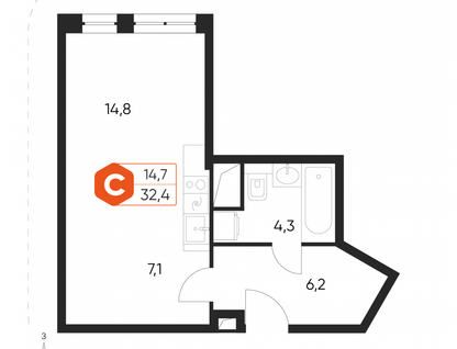 1-к. квартира, 32,4&nbsp;м²