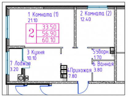 2-к. квартира, 60,1&nbsp;м²