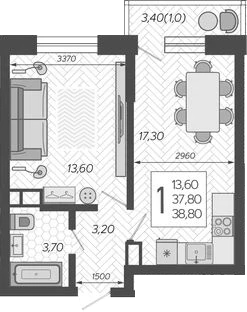 1-к. квартира, 38,8&nbsp;м²