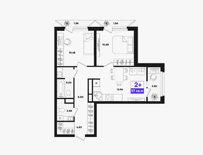 2-к. квартира, 57&nbsp;м²