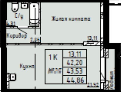 1-к. квартира, 44,9&nbsp;м²