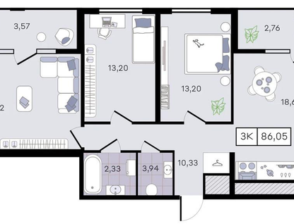 3-к. квартира, 86 м²