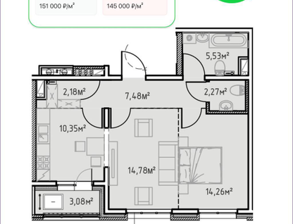 2-к. квартира, 59&nbsp;м²