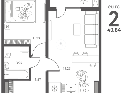 1-к. квартира, 40,8 м²