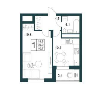 1-к. квартира, 40,7&nbsp;м²