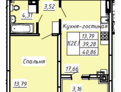 2-к. квартира, 40,9 м²