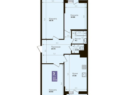 3-к. квартира, 86&nbsp;м²