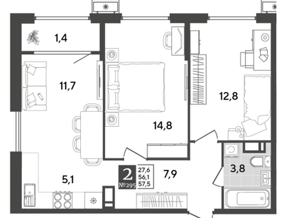 2-к. квартира, 57,4&nbsp;м²