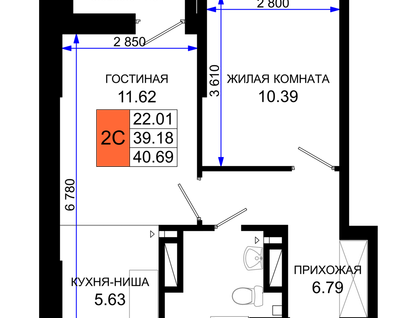 2-комнатная квартира, 40&nbsp;м²