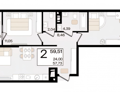 2-к. квартира, 59,5&nbsp;м²