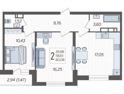 2-к. квартира, 60,1&nbsp;м²