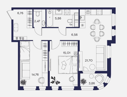 2-к. квартира, 77 м²
