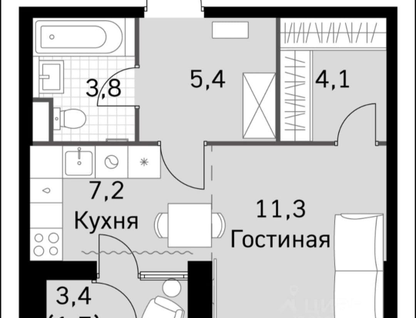 1-к. квартира, 34 м²