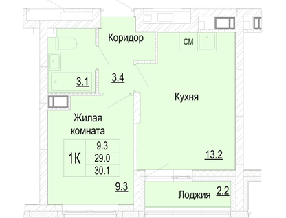 1-к. квартира, 30,1&nbsp;м²