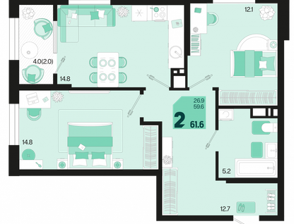 2-к. квартира, 61,6&nbsp;м²