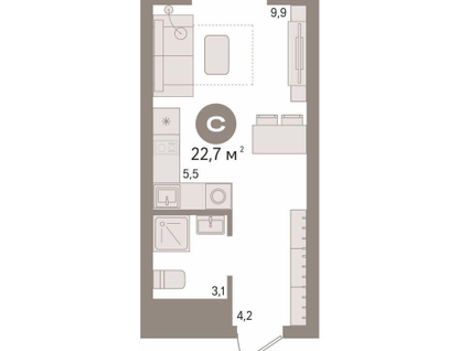 Студия, 22,7&nbsp;м²