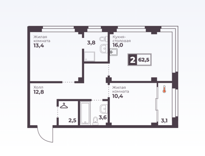2-к. квартира, 62,5&nbsp;м²