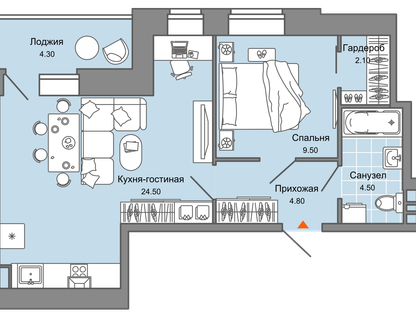2-к. квартира, 48&nbsp;м²