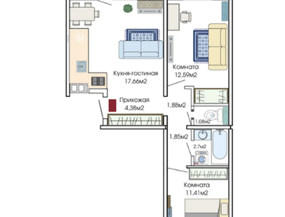2-к. квартира, 58,6&nbsp;м²