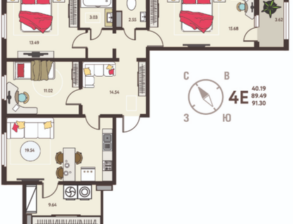 4-к. квартира, 91,3 м²