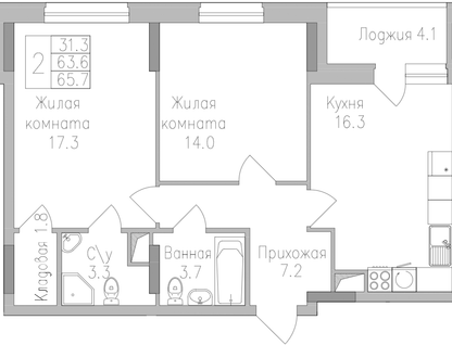 2-к. квартира, 65,7&nbsp;м²