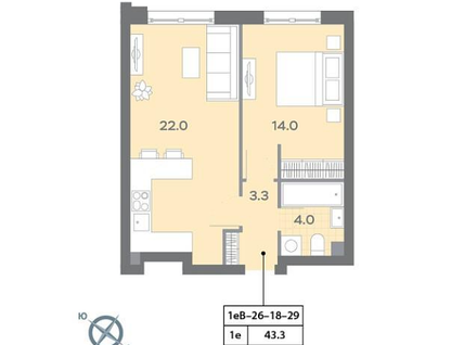 1-к. квартира, 44&nbsp;м²