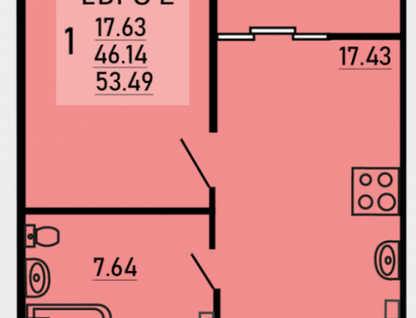 1-к. квартира, 53,5&nbsp;м²
