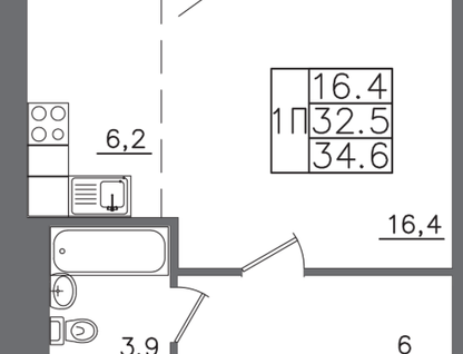 1-к. квартира, 34,6&nbsp;м²