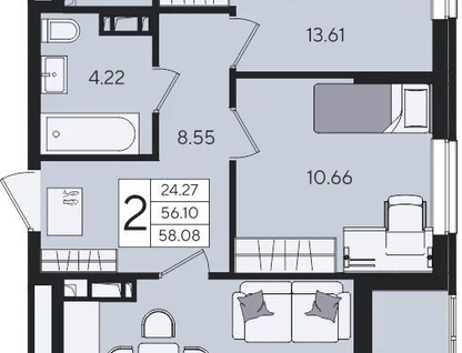 2-к. квартира, 58,1&nbsp;м²