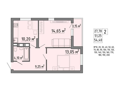 2-к. квартира, 54,4 м²