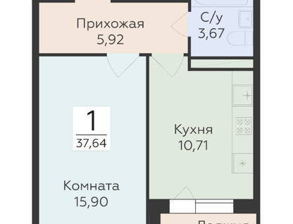 1-к. квартира, 37,6&nbsp;м²