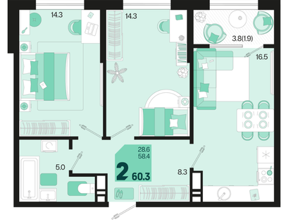 2-к. квартира, 60,3&nbsp;м²