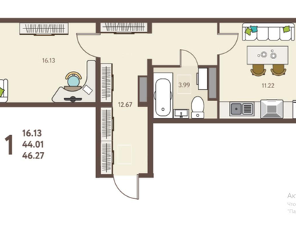 1-к. квартира, 46,3 м²