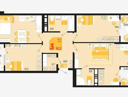 3-к. квартира, 91,2&nbsp;м²