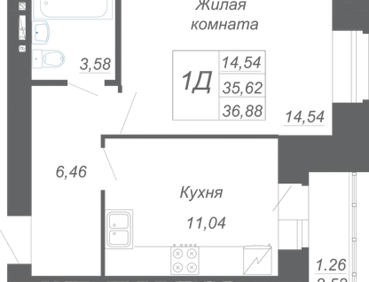 1-к. квартира, 36&nbsp;м²