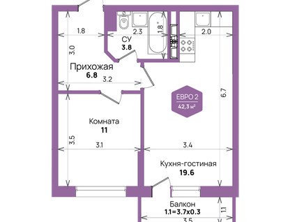 1-к. квартира, 42&nbsp;м²