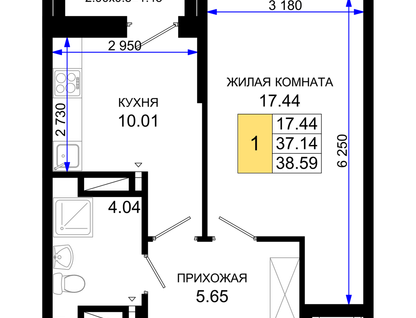 1-комнатная квартира, 38&nbsp;м²