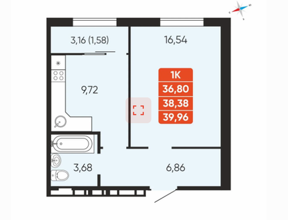 1-к. квартира, 38,4&nbsp;м²