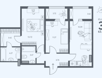 2-к. квартира, 64&nbsp;м²