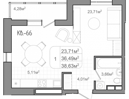 1-к. квартира, 38,6&nbsp;м²