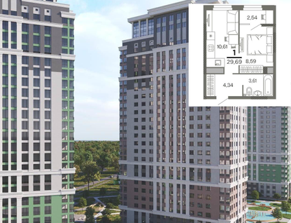 1-к. квартира, 29,7&nbsp;м²