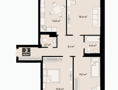 3-к. квартира, 88,9&nbsp;м²