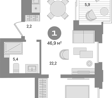 1-к. квартира, 46,9&nbsp;м²