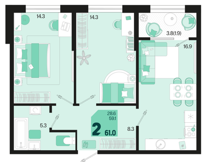 2-к. квартира, 61&nbsp;м²