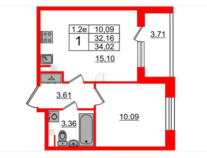 1-к. квартира, 32,2 м²