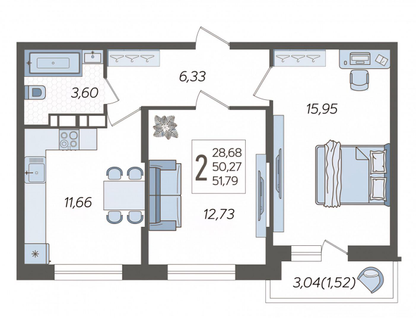 2-к. квартира, 51,8&nbsp;м²