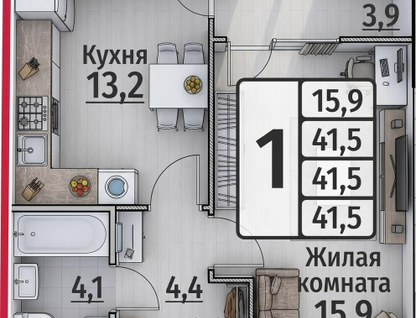 1-к. квартира, 41,2&nbsp;м²